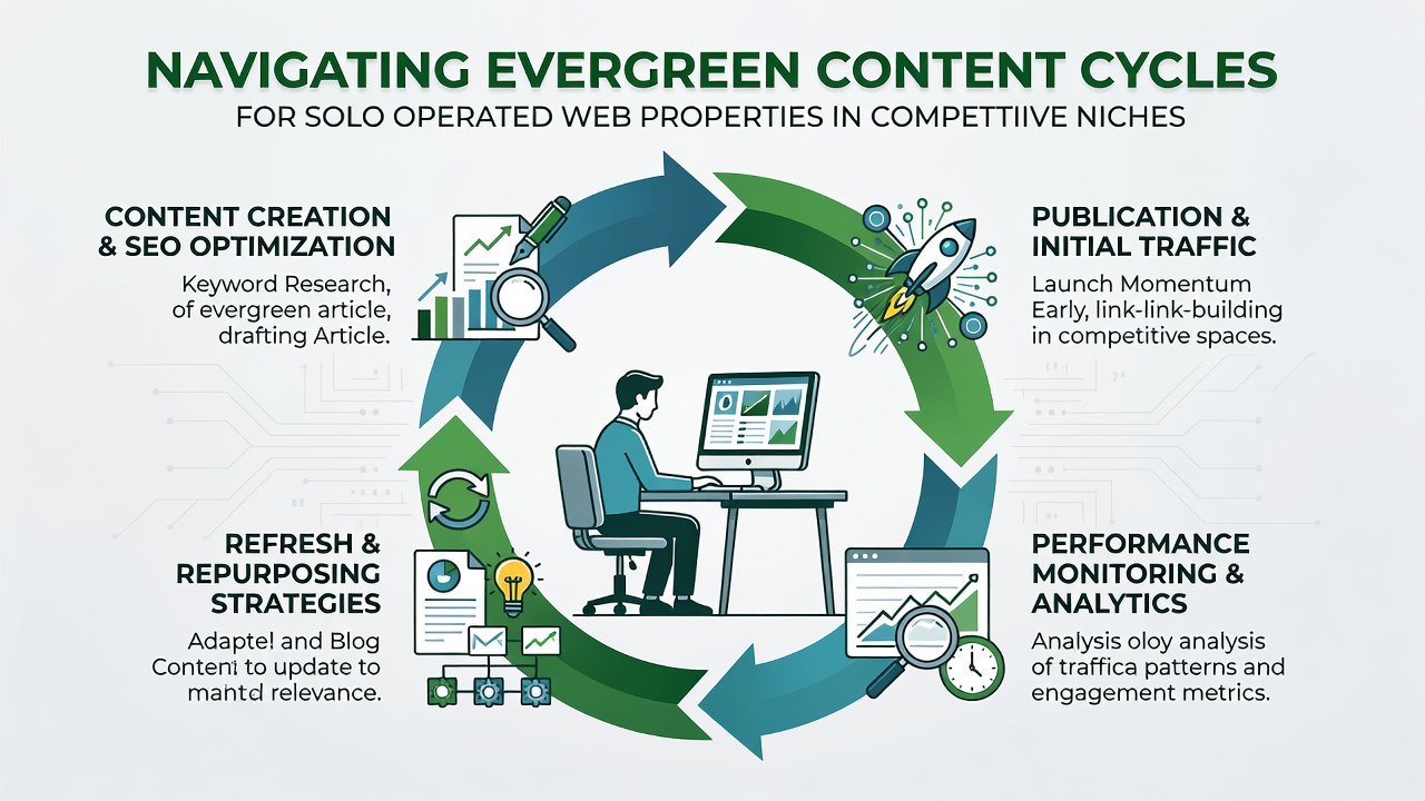 Content calendar and analytics interface used by solo operators to track evergreen article performance